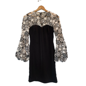 Mikael Aghal Black and White Floral Lace Long Sleeve Mini Dress Sweetheart Neck